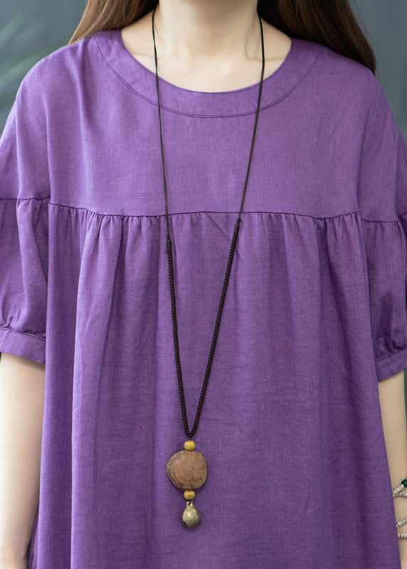 Oversized Organic Linen Summer Wrinkled Purple Dresses