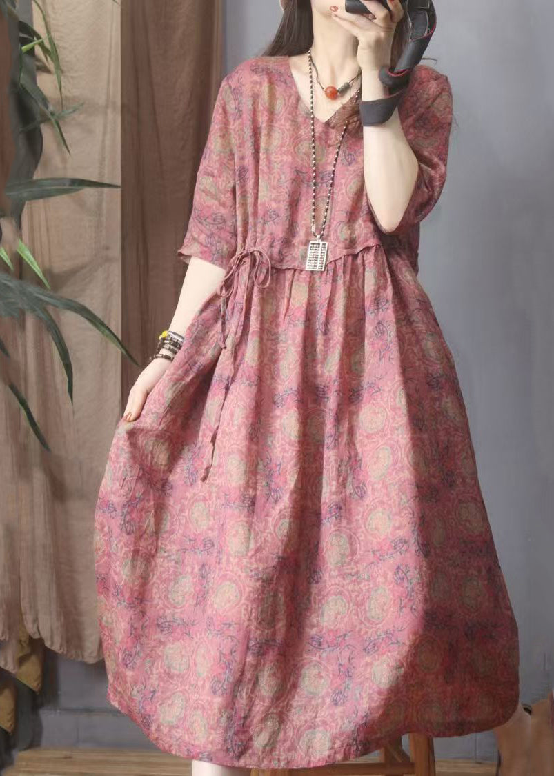 Summer Linen Dresses Red Organic Cinched Print