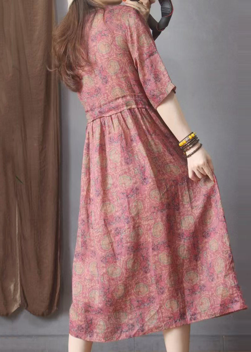 Summer Linen Dresses Red Organic Cinched Print