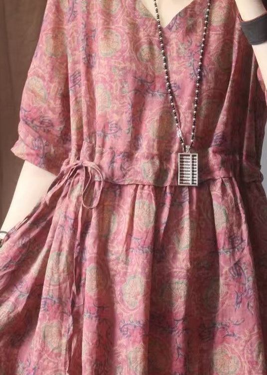 Summer Linen Dresses Red Organic Cinched Print