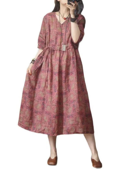 Summer Linen Dresses Red Organic Cinched Print