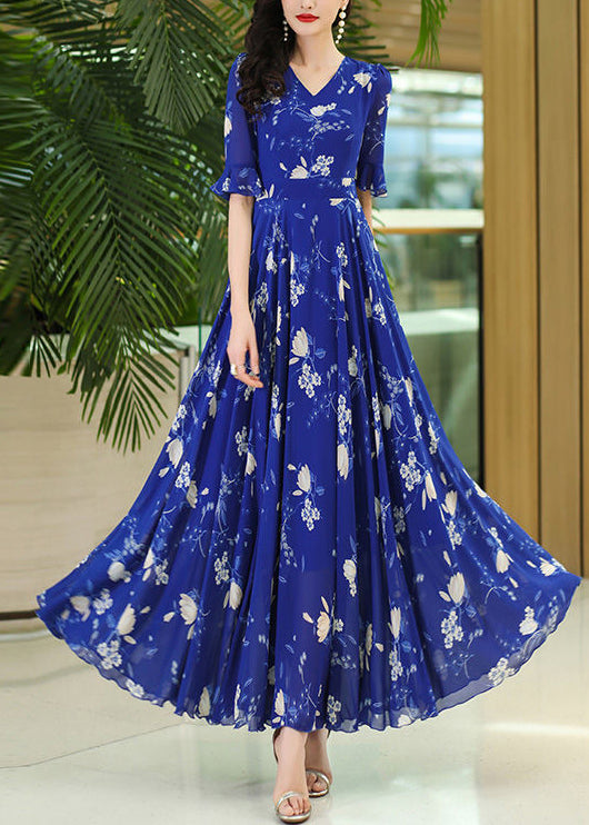 Neck Wrinkled Rose Print Dresses Organic Chiffon Summer Maxi V