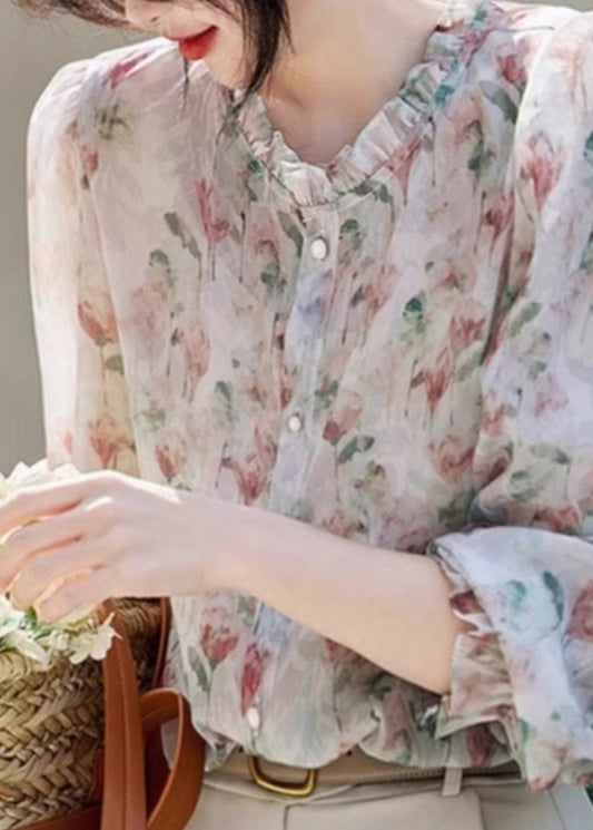 Organic Ruffled Print Chiffon Shirt Long Sleeve WW010