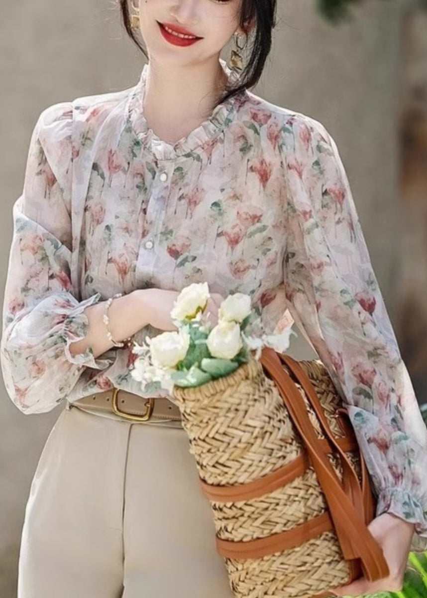 Organic Ruffled Print Chiffon Shirt Long Sleeve WW010