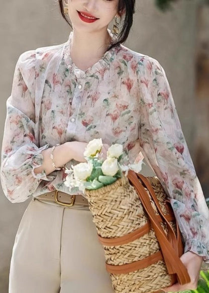 Organic Ruffled Print Chiffon Shirt Long Sleeve WW010