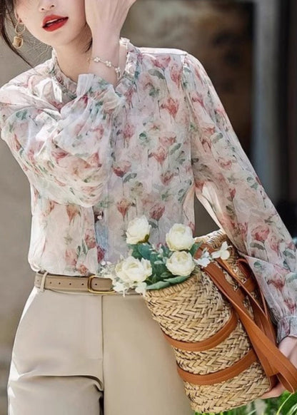 Organic Ruffled Print Chiffon Shirt Long Sleeve WW010