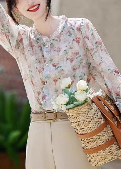 Organic Ruffled Print Chiffon Shirt Long Sleeve WW010