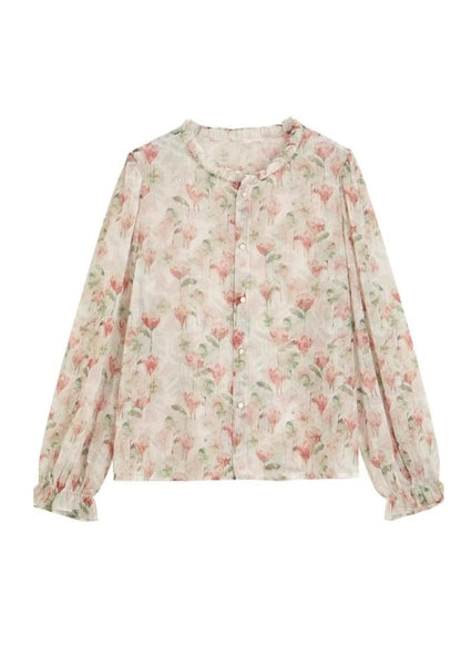 Organic Ruffled Print Chiffon Shirt Long Sleeve WW010