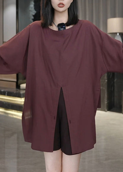 Organic Rust O Neck Front Open Cotton Shirts Top Fall QL053