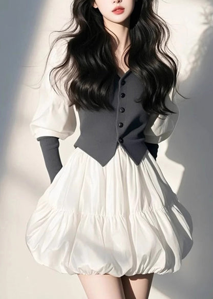 Sleeve Puff Organic White Mid Button V Dress Neck