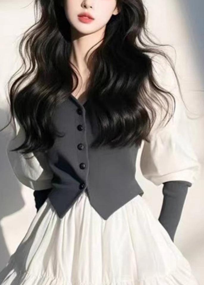 Sleeve Puff Organic White Mid Button V Dress Neck