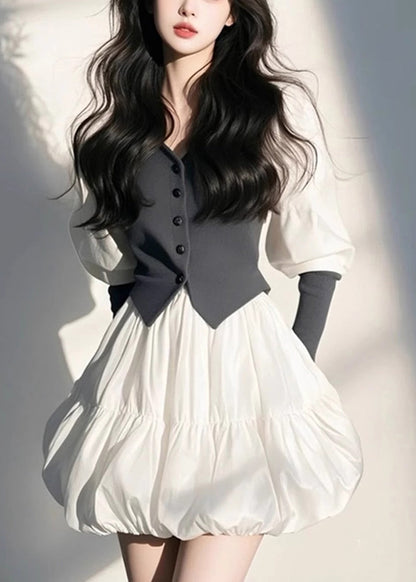 Sleeve Puff Organic White Mid Button V Dress Neck