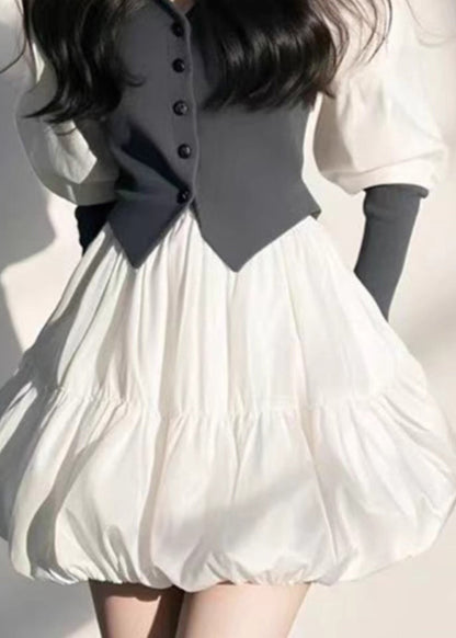 Sleeve Puff Organic White Mid Button V Dress Neck