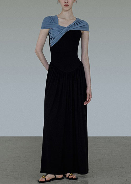 Cotton Wrinkled Neck Dress Long Patchwork Slash Original Black