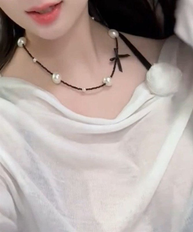 Original Black Stainless Steel Pearl Beading Bow Necklace YD021
