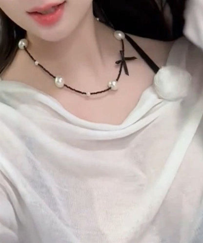 Original Black Stainless Steel Pearl Beading Bow Necklace YD021