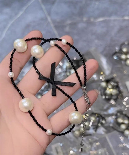 Original Black Stainless Steel Pearl Beading Bow Necklace YD021
