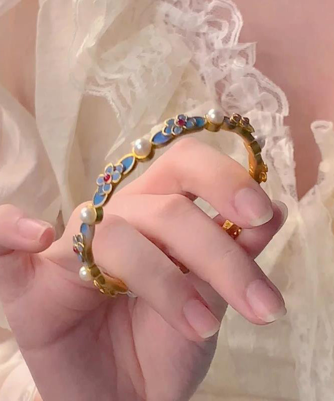 Gold Bangle Ancient Blue Floral Original Pearl
