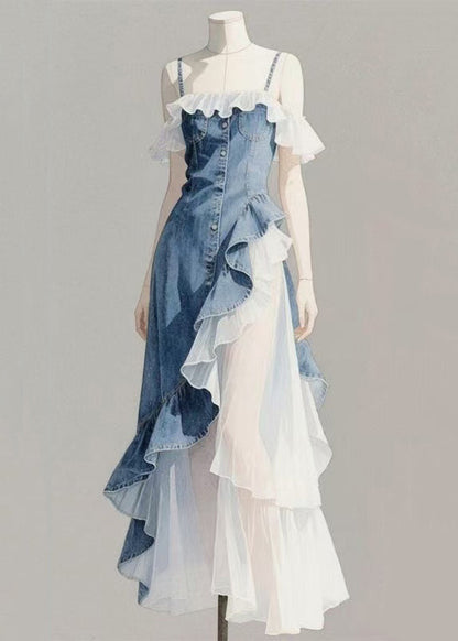 Blue Original Patchwork Denim Asymmetrical Ruffled Spaghetti