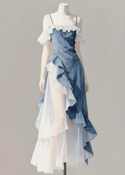 Blue Original Patchwork Denim Asymmetrical Ruffled Spaghetti