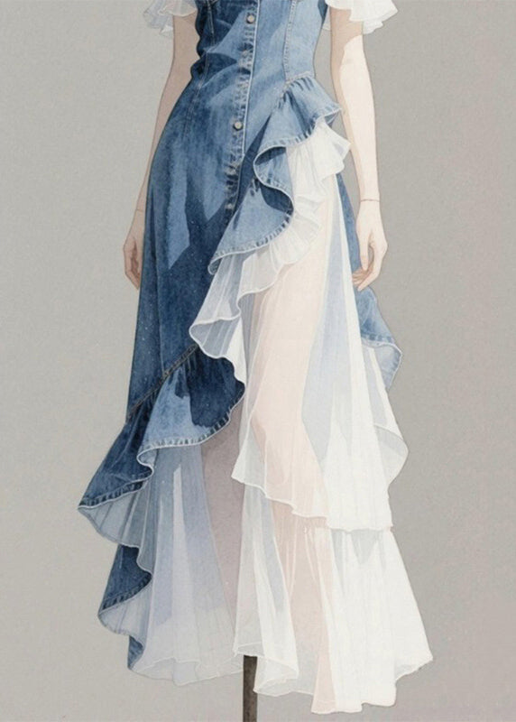 Blue Original Patchwork Denim Asymmetrical Ruffled Spaghetti