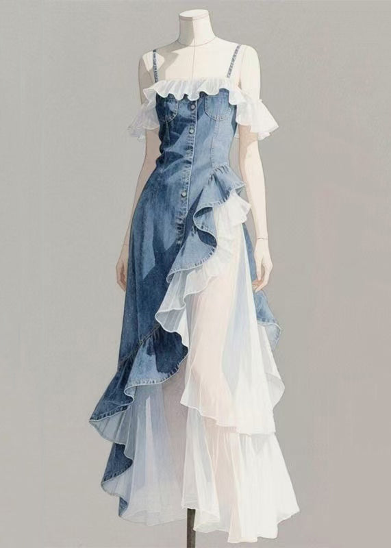 Blue Original Patchwork Denim Asymmetrical Ruffled Spaghetti