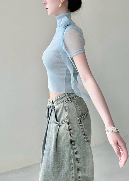 Original Blue Decorated Rose High Neck Slim Fit T Shirt Summer AL1064