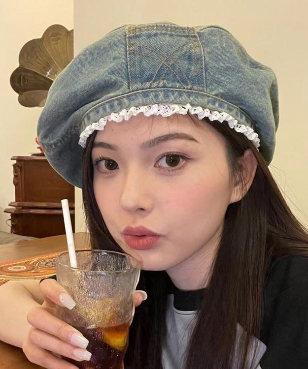 Original Denim Blue Hat Trimmed Beret Lace