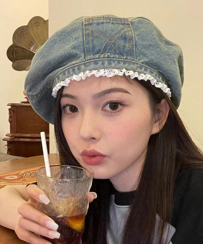 Original Denim Blue Hat Trimmed Beret Lace