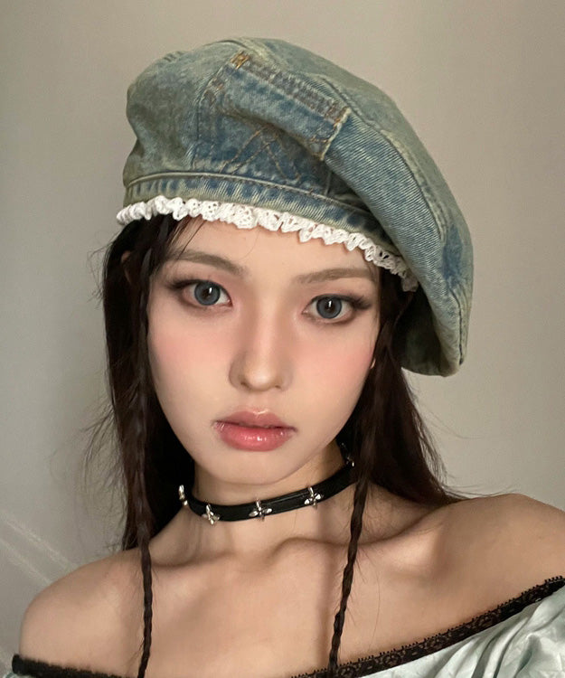 Blue Denim Original Beret Trimmed Hat Lace