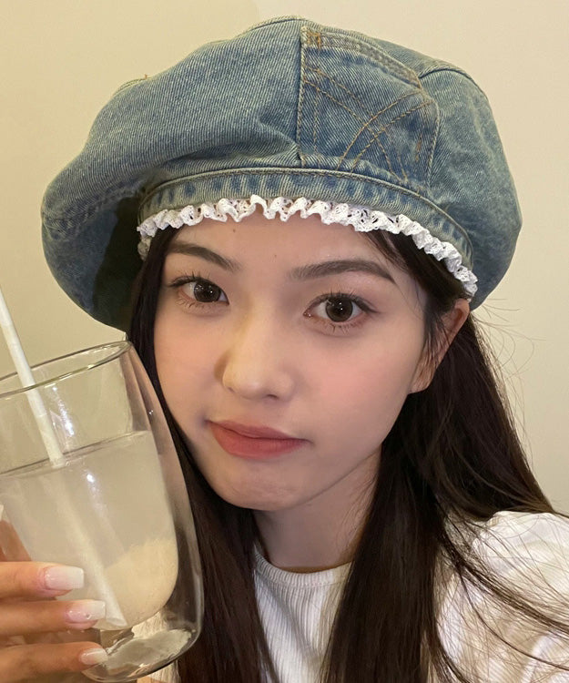 Original Denim Blue Hat Trimmed Beret Lace