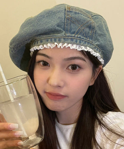 Original Denim Blue Hat Trimmed Beret Lace