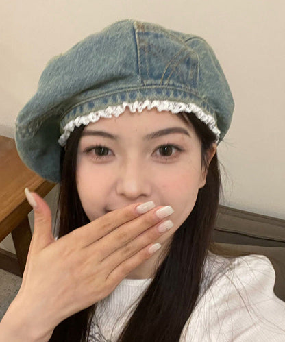 Blue Denim Original Beret Trimmed Hat Lace