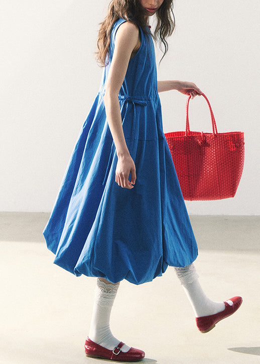 O-Neck Blue Long Waist Dress Cotton Sleeveless Original Tie