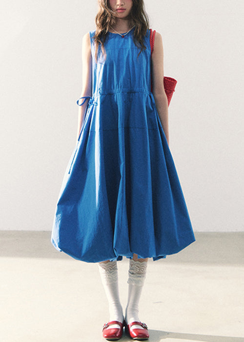 O-Neck Blue Long Waist Dress Cotton Sleeveless Original Tie