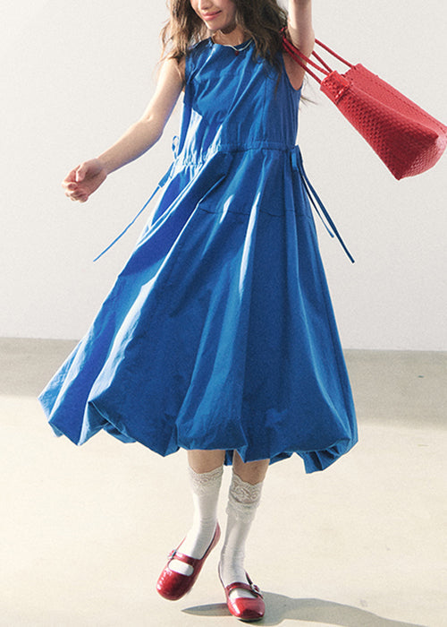 O-Neck Blue Long Waist Dress Cotton Sleeveless Original Tie