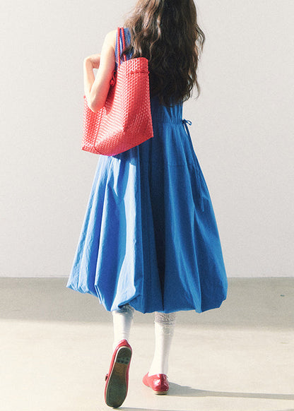 O-Neck Blue Long Waist Dress Cotton Sleeveless Original Tie