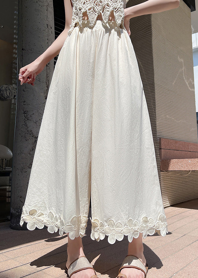 Patchwork Design Pants Leg Wide Cotton Black Original Floral