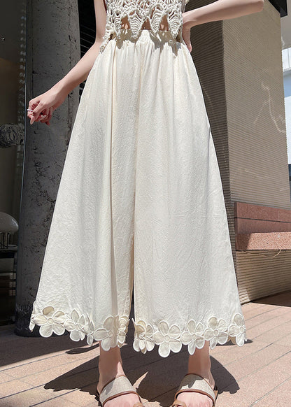 Patchwork Design Pants Leg Wide Cotton Black Original Floral