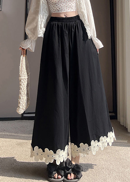 Patchwork Design Pants Leg Wide Cotton Black Original Floral