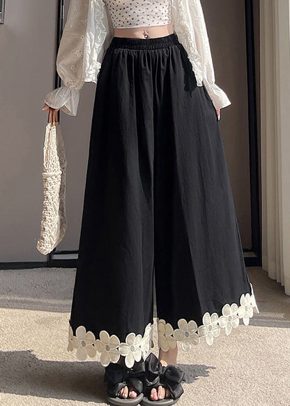 Patchwork Design Pants Leg Wide Cotton Black Original Floral