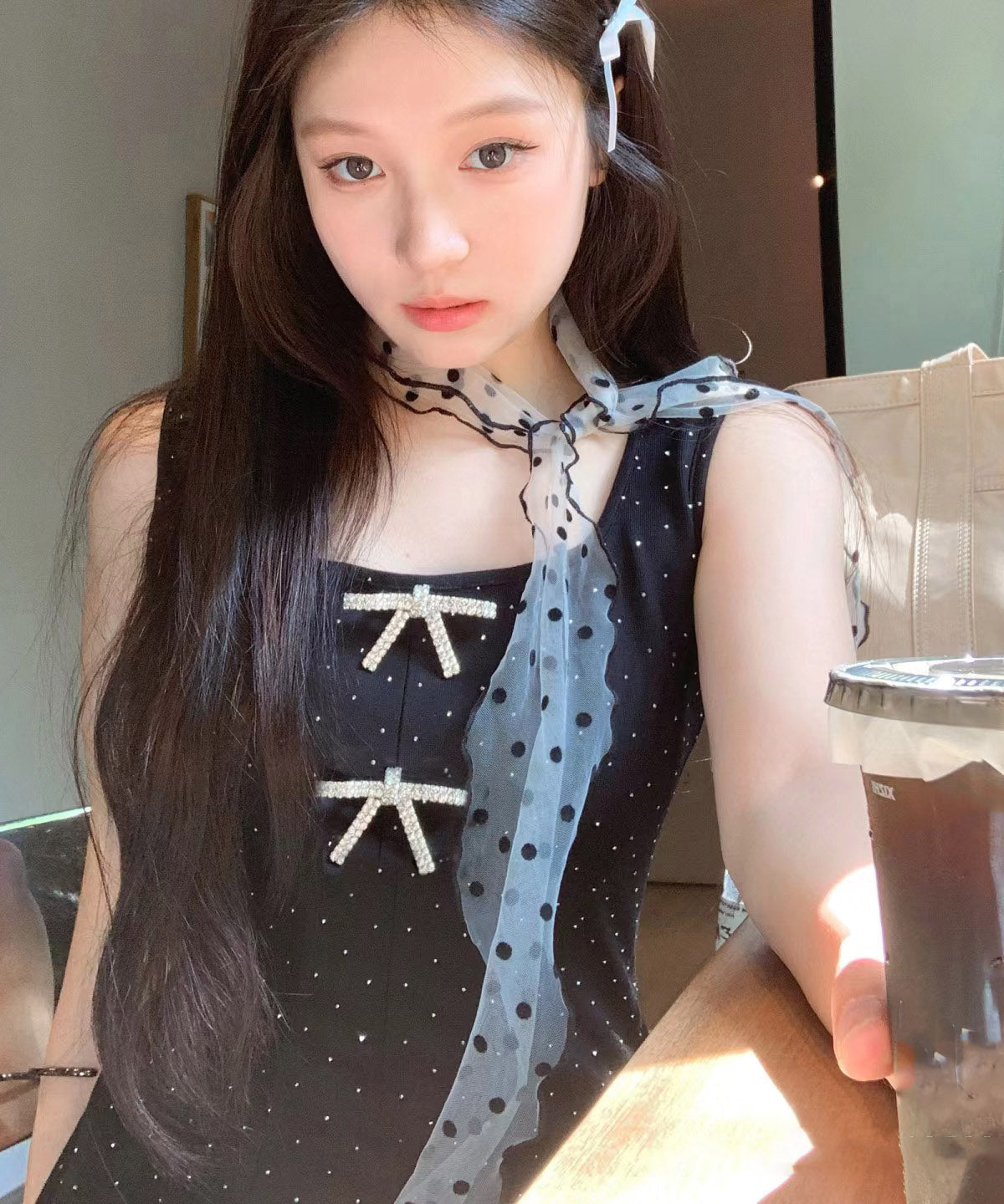 Original Design Black Tulle Dot Print Thin Silk Scarf YA009