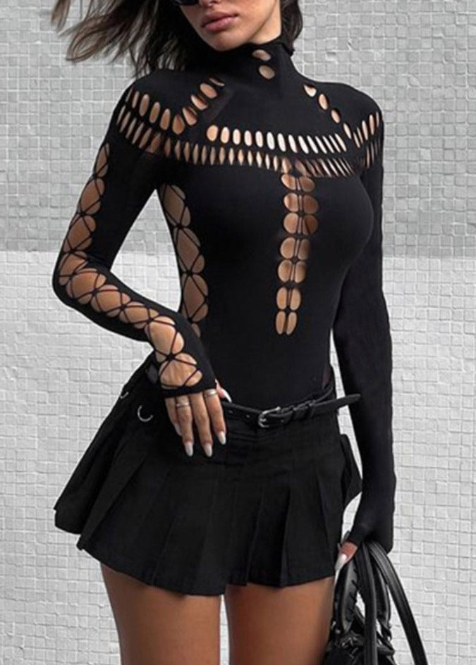 Black Original Turtleneck Tulle Hollow Out Bodysuit Design