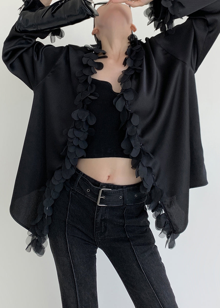 V Original Patchwork Design Neck Black Shirt Cotton Fall