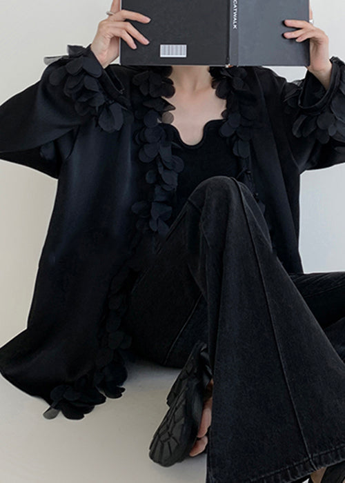 V Original Patchwork Design Neck Black Shirt Cotton Fall