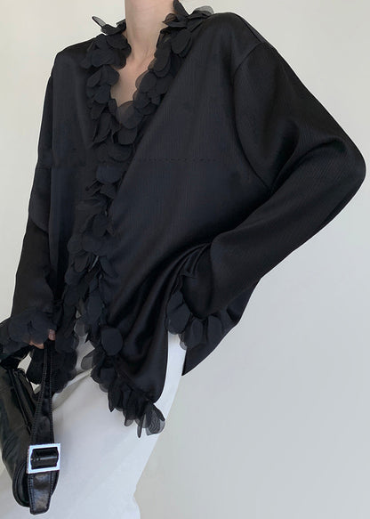 V Original Patchwork Design Neck Black Shirt Cotton Fall