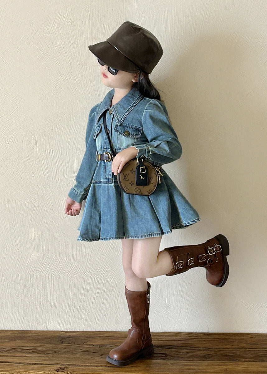 Original Design Blue Peter Pan Collar Button Girls Denim Mid Dresses Spring TV039