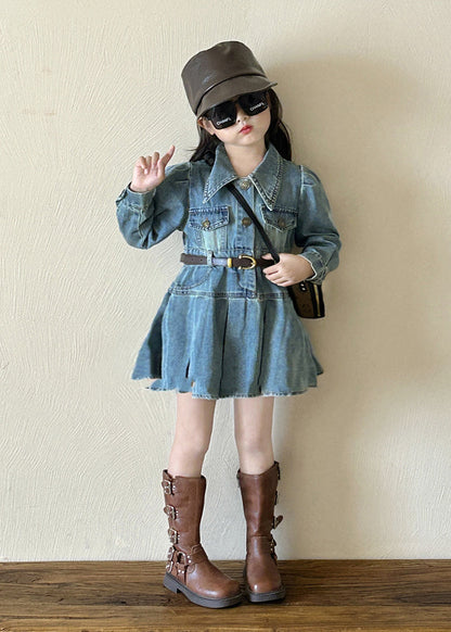 Original Design Blue Peter Pan Collar Button Girls Denim Mid Dresses Spring TV039