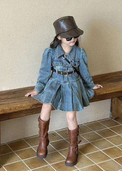 Original Design Blue Peter Pan Collar Button Girls Denim Mid Dresses Spring TV039