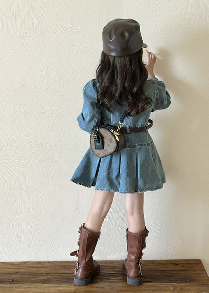 Original Design Blue Peter Pan Collar Button Girls Denim Mid Dresses Spring TV039